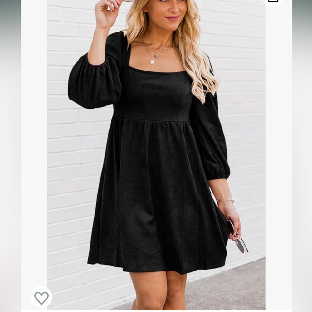 Black Midi Long Sleeve Puff Sleeve Square Neck Dress